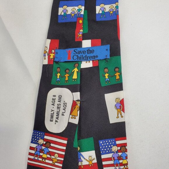 "Save The Children" Mens Tie Families & Flags Designed Necktie By Emily Age 8 - Picture 3 of 4
